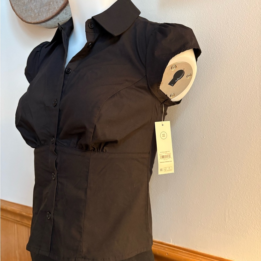 Women's Black Cap Sleeve Button-Down Shirt - Picture 2 of 7
